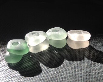 MERMAID TEARS...12 genuine sea glass beads, pendants, white green milk glass aqua, pairs, jewelry supplies