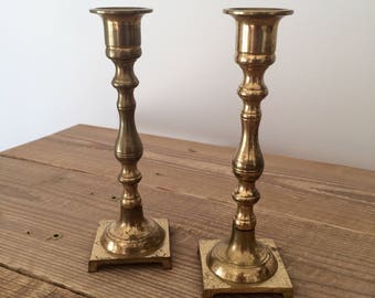 Vintage Pair of Turned Brass Taper Candleholder with Square Base