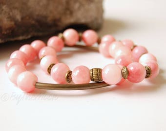 Pink Bracelet, Pink Bracelet Set, Pink Stone Bracelet, Pink Stretch Bracelet, Stone Stretch Bracelet, Boho Jewelry, Gift Women, Cotton Candy