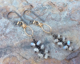 MOONSTONE Earrings, mixed metals sterling silver and gold filled hoop earrings, white gemstone, wedding jewelry, bridal earrings, handmade