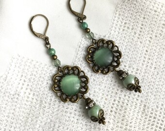 Green brass earrings green cat eye earrings