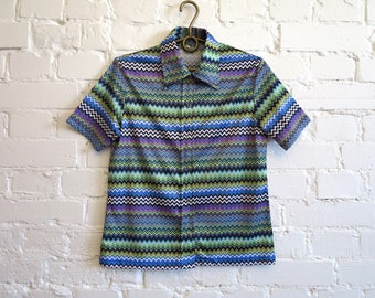 Vintage Zigzag Print Blouse Top Ziggy Shirt 1980s Blouse Colorfull Blouse Stretchy Blouse Short Sleeves Blouse Medium Size
