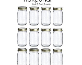 Nakpunar 12 pcs 16 oz Mason Glass Jars with Gold Lid