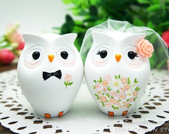 Owl Wedding Cake Toppers Fall Themed,Personalised Wedding Cake Toppers Pink Themed,Love Bird Wedding Cake Toppers With Pink Bouquet