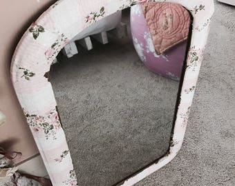 Antique french napolean mirror bathroom covered in vintage pink floral wallpaper chippy screen shabby Nordic chic Rachel Ashwell