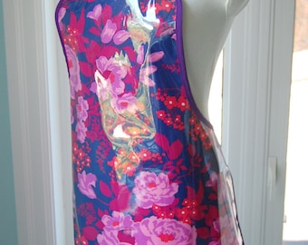 Rose Bouquet Vinyl Apron - handmade wipe clean and waterproof apron - fabric with clear vinyl covering - machine washable