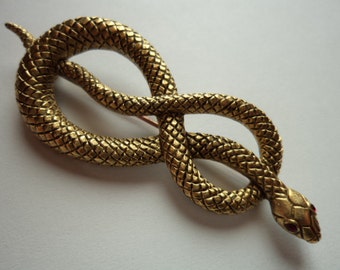 Vintage Signed JJ Antique Gold pewter Coiled Snake with Red Eyes Brooch/Pin