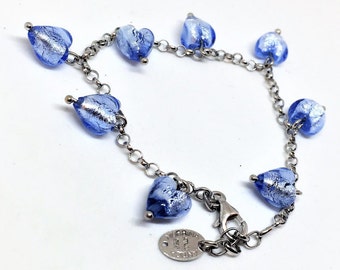 Antica Murrina Sterling Sky Blue Glass Bracelet Hearts Handmade 8 inch Vintage SALE