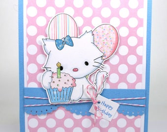 Girls birthday card, kitty cat, kitten, kids birthday card, PERSONALIZED card, children's birthday, birthday card for girls