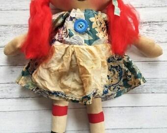 Blue Floral Butterfly Apron Annie - Primitive Raggedy Ann Doll (HAFAIR)