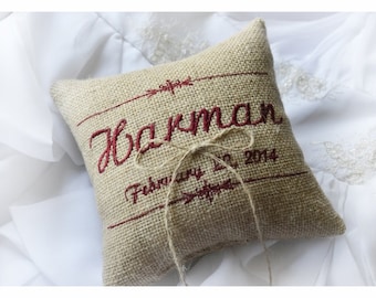 Burlap Wedding pillow , wedding pillow , ring bearer pillow, ring pillow, personalized wedding pillow (R53B)
