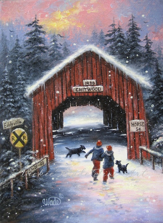 Snow Covered Bridge Art Print snowscene two children black