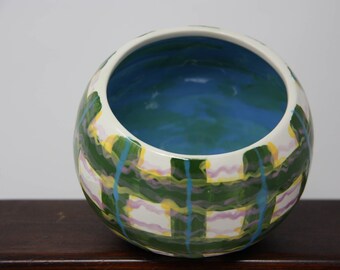 Plaid ceramic bowl, Pencil holder, Oval off-center bowl, ceramic pencil holder, gifts for him, gifts under 20