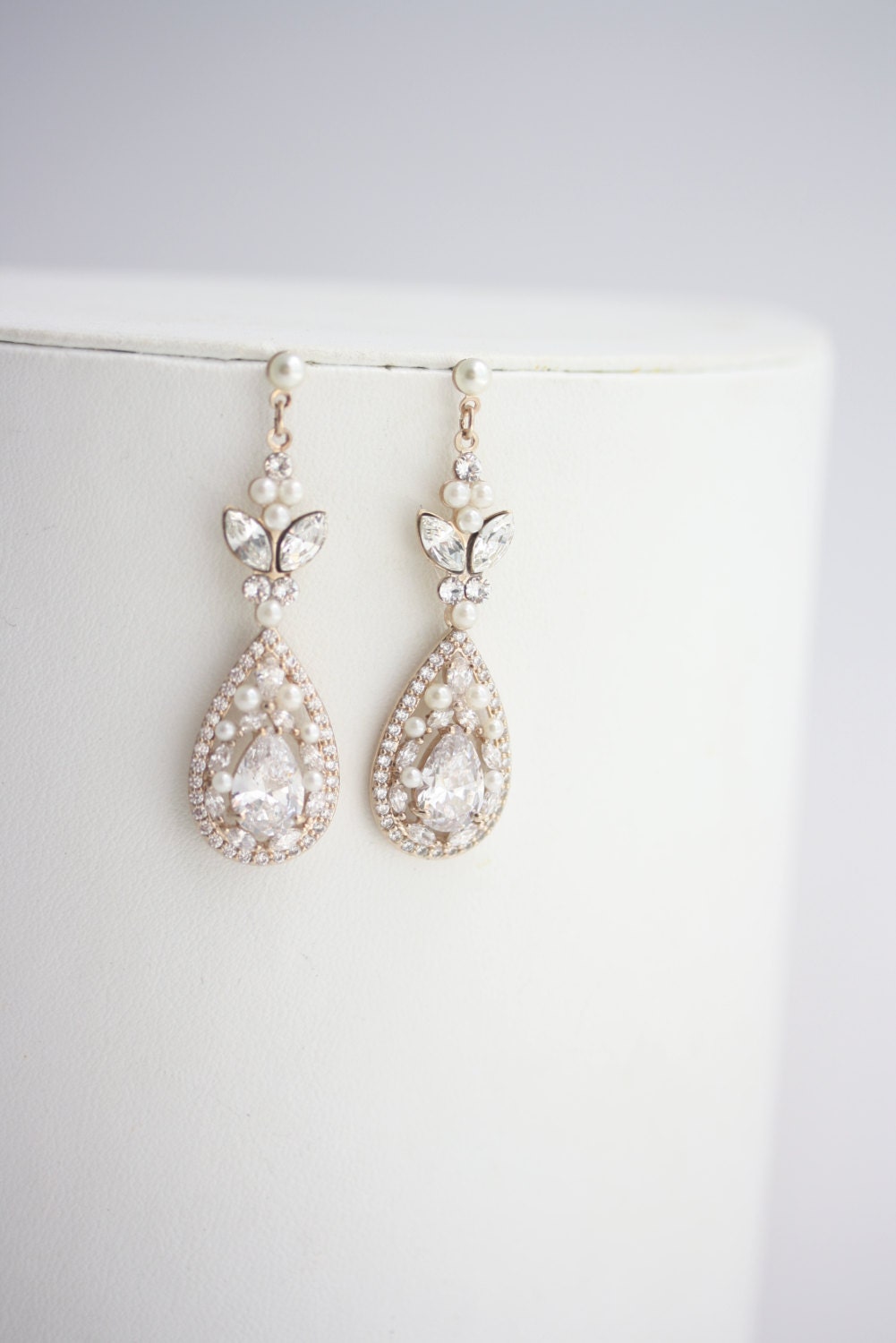 Rose Gold Bridal Earrings Long Wedding Earrings Cubic Zirconia