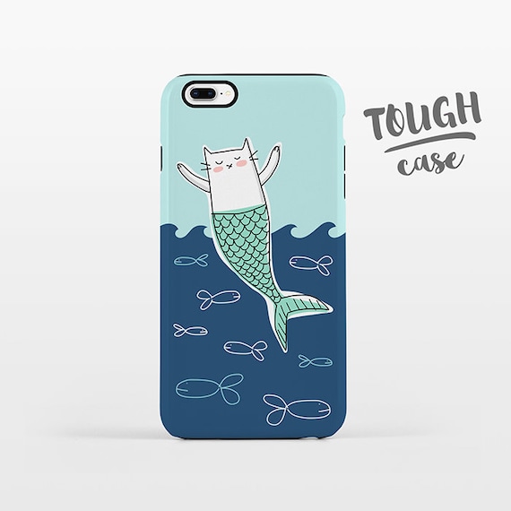 Cat Mermaid Phone Case iPhone 8 Plus Case iPhone X Case iPhone 7 Case iPhone 8 Case iPhone 6 Plus Case 6s 5s 5c 5 4 Aqua Navy Blue TOUGH