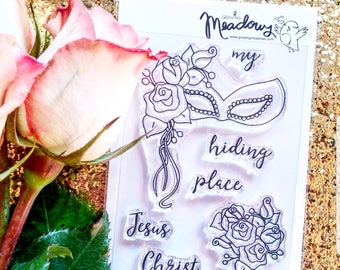 My Hiding Place Mini Stamps Christian Scrapbooking Stamping Bible Journaling Masquerade Mask roses Jesus Christ Growing Meadows Tai Bender