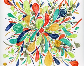 Bright Abstract Floral Original 9x9 inch Watercolor Painting