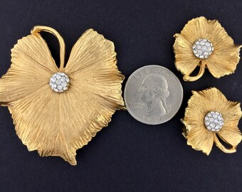 Vintage Claudette Brooch and Earrings Set Leaf Shaped with Clear Rhinestones