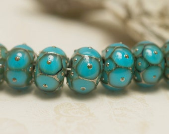 Seven Teal Blue w/Metal Dots Rondelle Beads - Handmade Glass Lampwork Bead Set 10409001