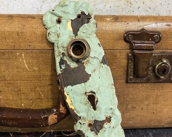Green Chippy Paint- ESCUTCHEON Plate Old Door Hardware- Salvaged Door Plate Door Plate- Architectural Salvage