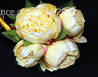 Artificial Pale Yellow Peony Bouquet /Bridesmaids Bouquet in Realtouch Peony, Silk Wedding Flowers