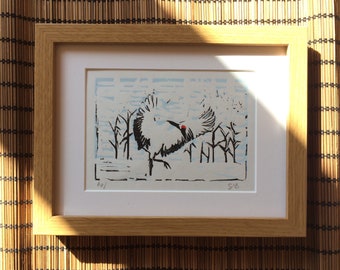 Crane Lino Print - Elegant Red-Crowned Crane Bird