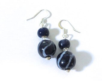 Kazuri Earrings,Navy Blue and White Ceramic Earrings