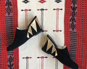 Vintage 70's Wedge Suede and Leather Mules / 70s Leather Heels / Wedged Leather Shoes