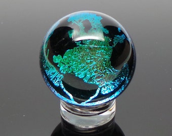 25mm Golden Green Earth Dichroic Image Borosilicate Glass Marble with black back. Comes with stand, ships immediately!