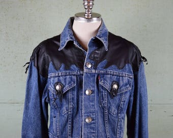 Vintage LEVIS Denim Jacket Crop Top / Customized by Barking Dog / Genuine Leather Biker / Indian Head Nickel / Made in USA / Tag size Large