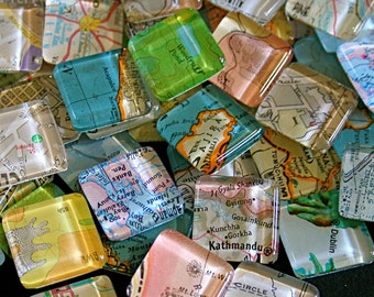 Map Magnets - Glass Magnets of Vintage Maps - Party Favors - Gift for Map Lovers - Stocking Stuffer - World Map Magnets - Set of 10
