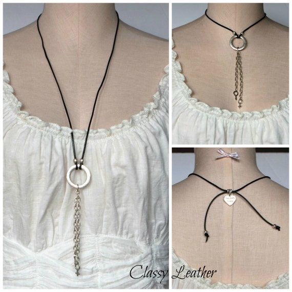 Adjustable necklace - leather and silver necklace - his hers leather necklace - circle of life necklace - gift for her