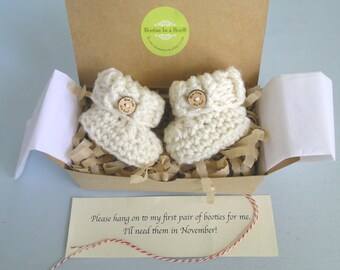 Pregnancy Reveal to Grandparents., Pregnancy Announcement, BOOTIES IN A BOX® Optional Wood Buttons, Newborn Baby Booties, Baby Bootys