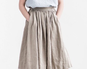 Linen skirt "1950s CITY" with deep pockets / A - line washed linen skirt in natural color / Midi linen skirt / High waist linen skirt