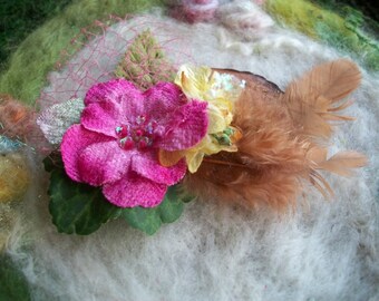 Small Feather Hair Clip, Pink Tulle and Hydrangea Blossoms