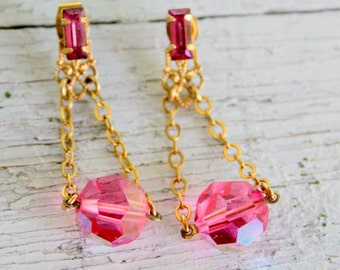 Pink Rhinestone Dangle Earrings 1960s Pierced Gold Tone