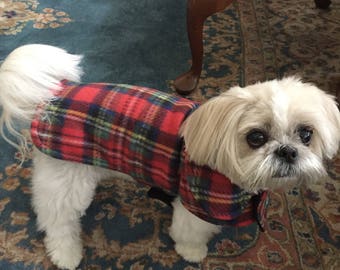 Red Tartan Plaid Fleece Dog Coat- Size Small- 12 to 14 Inch Back Length - Or Custom Size