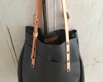 Dark grey leather tote bag