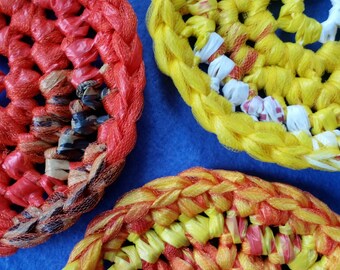 Three Yellow, Orange, and Red Plarn Dish Scrubbies, recycled plastic bags, eco-friendly dish scrubby pot scrubber