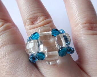 Czech glass beads clear and turquoise ring