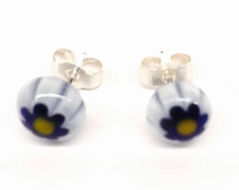 Murano Glass Millefiori Stud Earrings - White and Blue Flower on Sterling Silver Stud Post