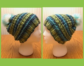 Knitted Hat With Faux Fur Pom