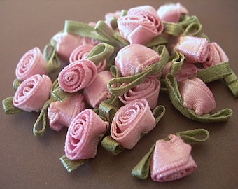 Miniature Vintage Pink Silk Ribbon ROSEBUDS with Green Leaves hand stitched lot of 24 roses
