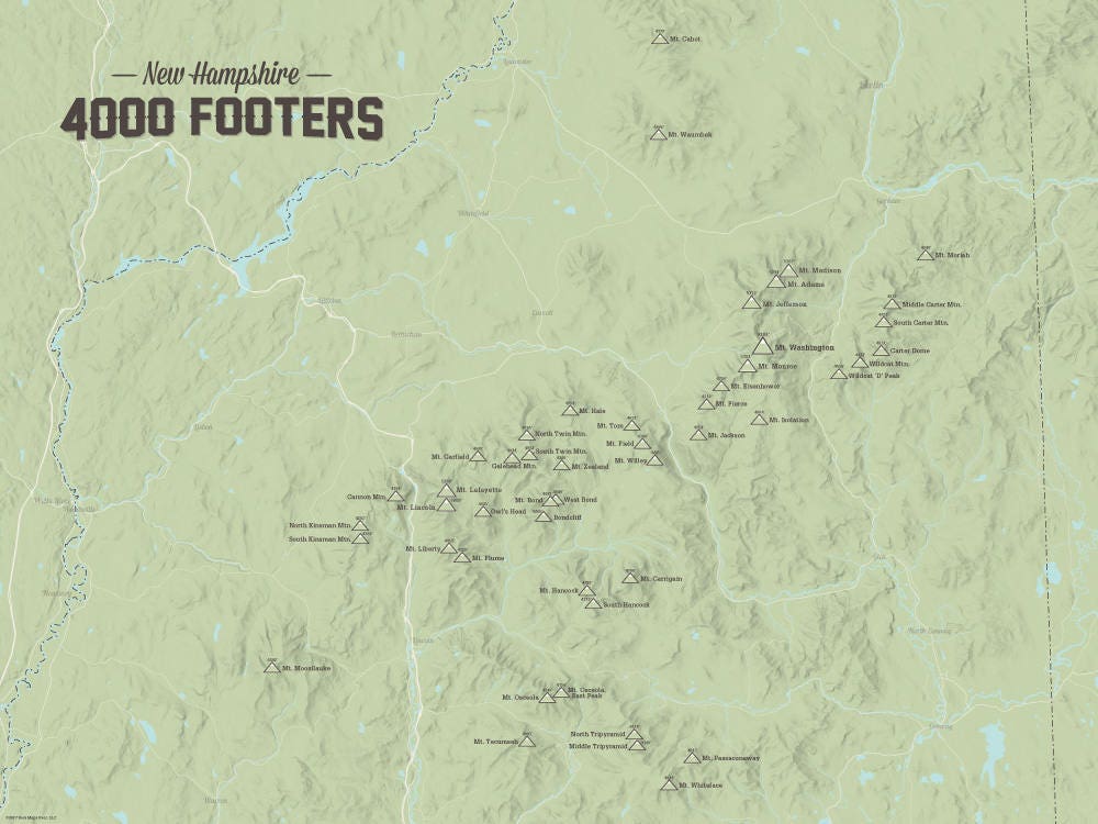 New Hampshire 4000 Footers Map 18x24 Poster