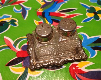 Vintage glass small square salt and pepper shakers with silver plate lids and tray- Italy