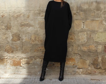 Black Maxi dress, Midi dress, Fall Winter dress, Plus size dress, Long sleeve dress, Plus size clothing
