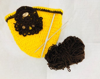 Yellow & chocolate brown new born crocet hat