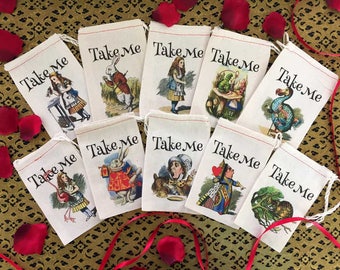 TAKE ME Alice in Wonderland Party Favor Bags 4x6 | 6x8 | 10 Classic Designs | Onederland Bags | Bridal Baby Shower | Take Me Party Favor 20