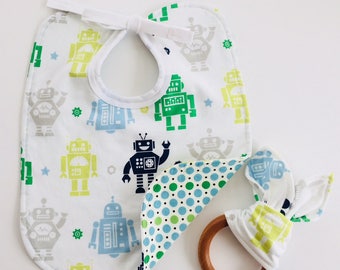 Robot bib and teething ring set