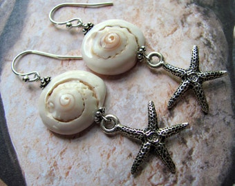 Sea Shell Earrings, Shell Earrings, Starfish Earrings, Beach Earrings, Beach Jewelry, Sea Shell Jewelry, White Earrings, Dangle Earrings,